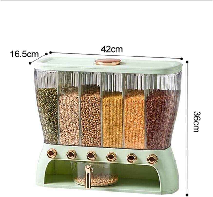 Rice Dispenser Storage 26 LB Cereal Beans Container 6 Grids Grain Dispenser with Measuring Cup & Lid - enyaa