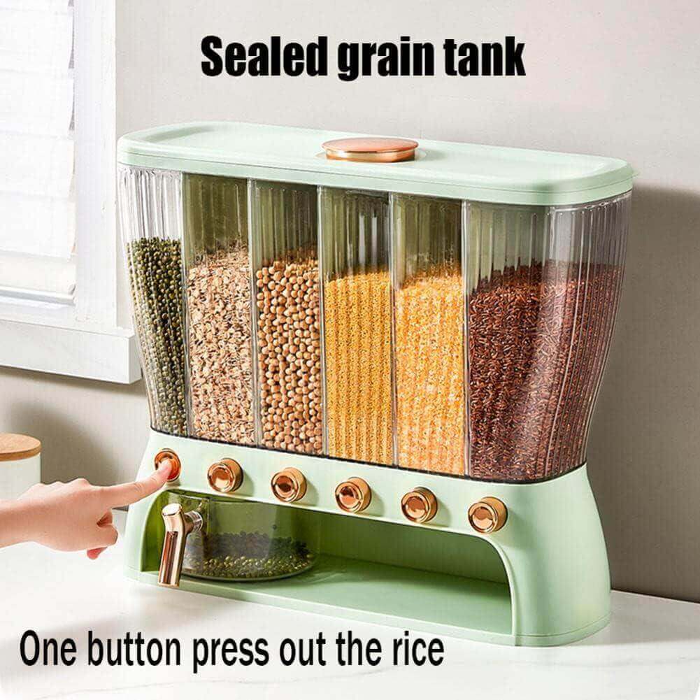 Rice Dispenser Storage 26 LB Cereal Beans Container 6 Grids Grain Dispenser with Measuring Cup & Lid - enyaa