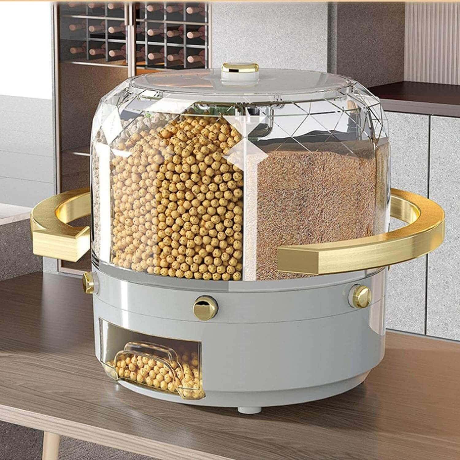 Grain Dispenser, Grain and Rise Storage Container Kitchen, 360° Rotating Rice and Grain Dispenser - enyaa