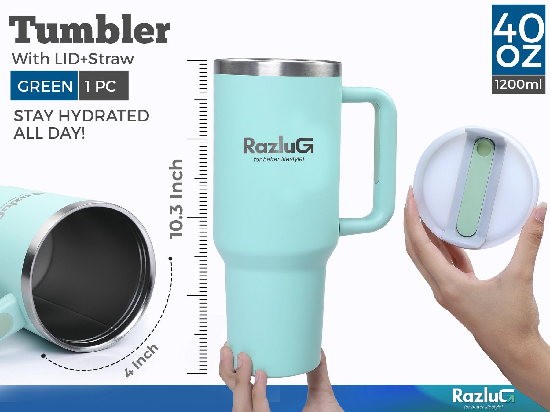 Razlug 40oz Tumbler Insulated Travel Cup with Straw & Lid Green Modern - ENYAA